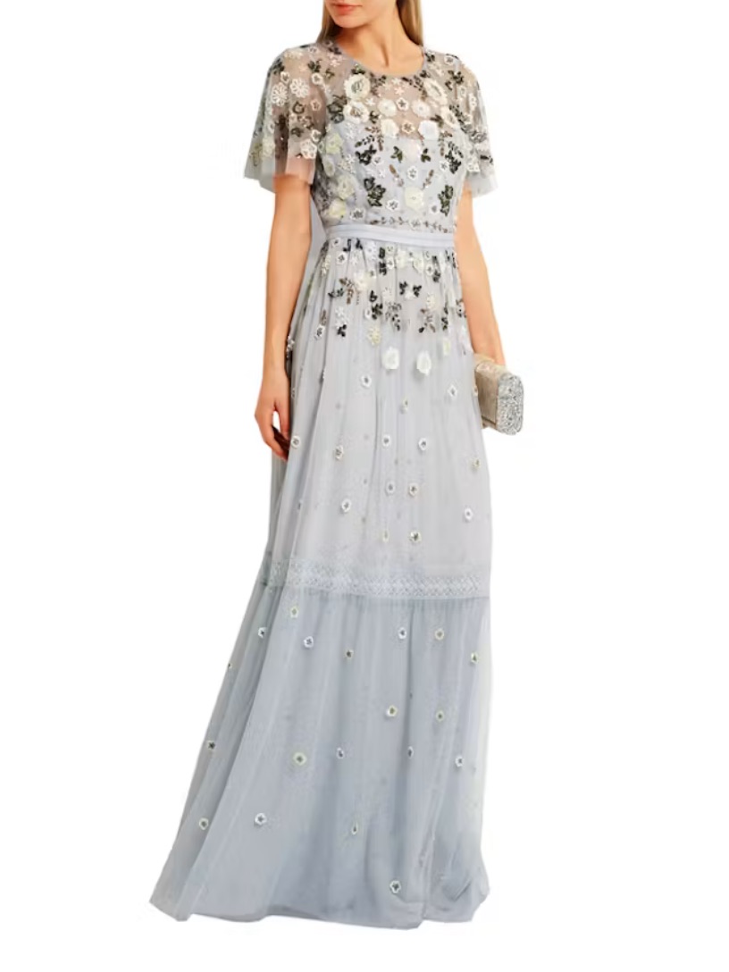 Needle & Thread Blue Embroidered Floral Tulle Maxi Dress | Sequin Floral